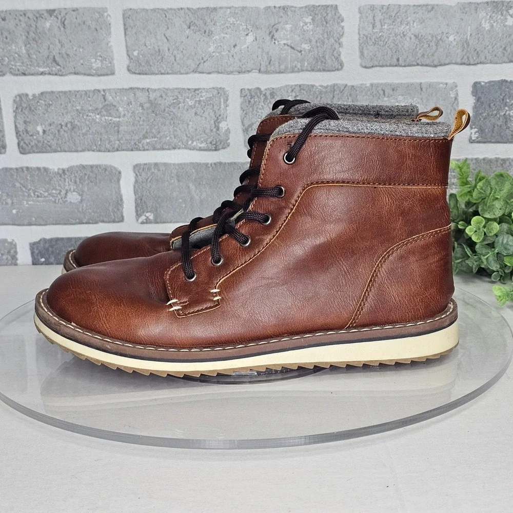 Old Navy Faux‎ Leather Ankle Boots Men's 6 Brown Lace Up Fleece Lined Winter